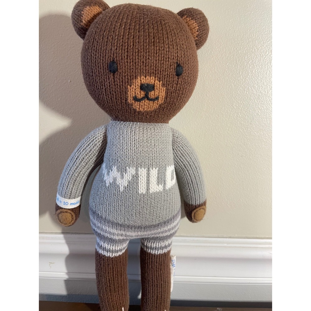 cuddle + kind Hudson the Bear Hand-Knit Doll Brown Grey Wild Sweater 13" Small